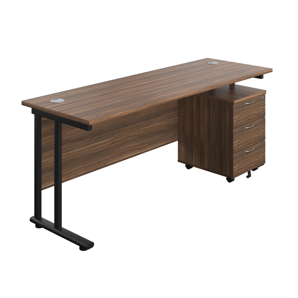 Twin Upright Rectangular Desk + Mobile 3 Drawer Pedestal (FSC) | 1800X600 | Dark Walnut/Black | 