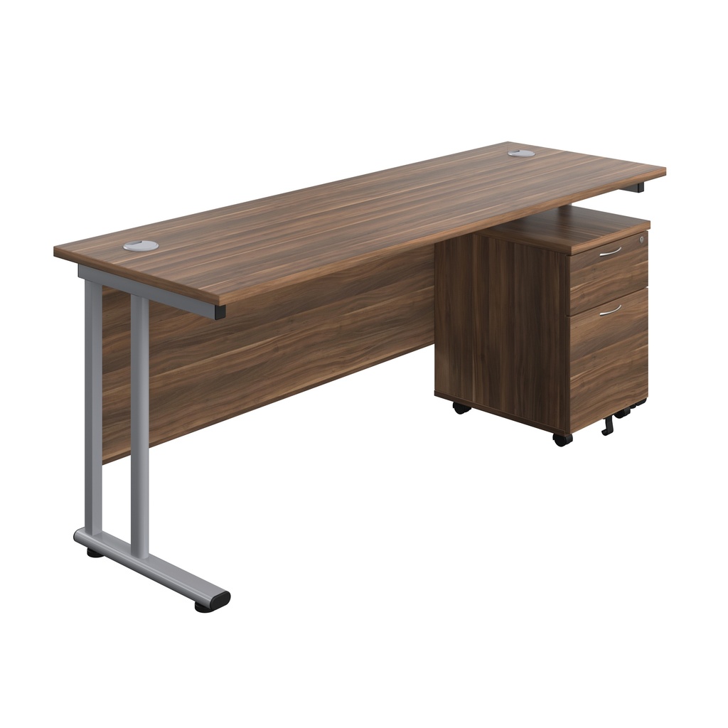 Twin Upright Rectangular Desk + Mobile 2 Drawer Pedestal (FSC) | 1800X600 | Dark Walnut/Silver | 