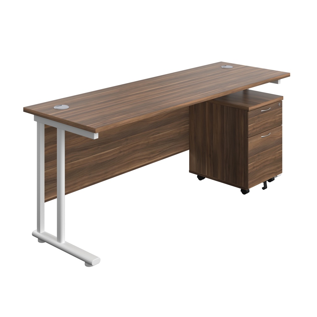 Twin Upright Rectangular Desk + Mobile 2 Drawer Pedestal (FSC) | 1800X600 | Dark Walnut/White | 