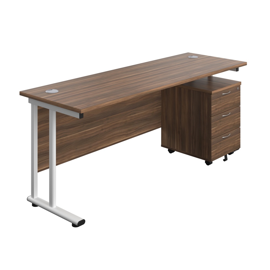 Twin Upright Rectangular Desk + Mobile 3 Drawer Pedestal (FSC) | 1800X600 | Dark Walnut/White | 