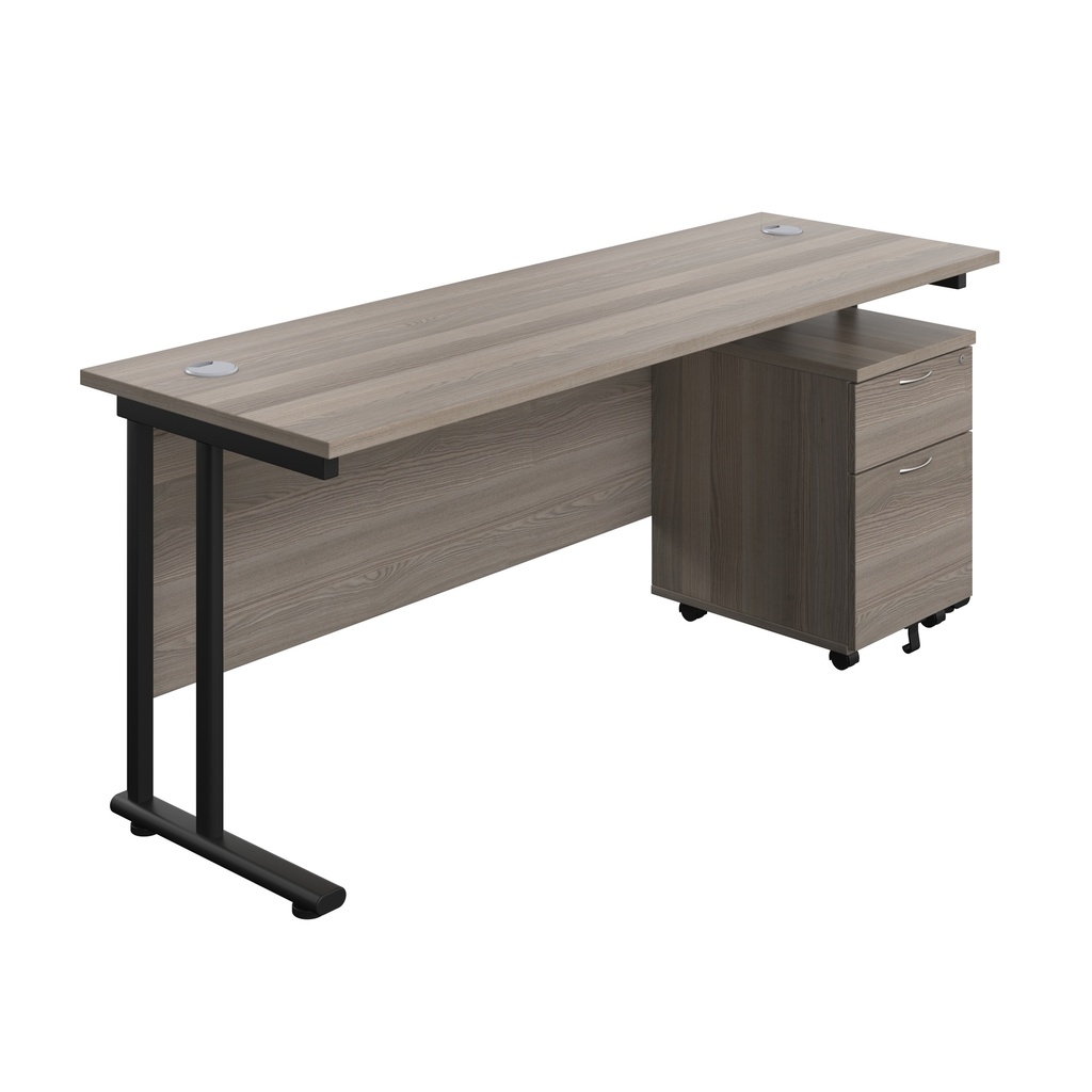 Twin Upright Rectangular Desk + Mobile 2 Drawer Pedestal (FSC) | 1800X600 | Grey Oak/Black | 