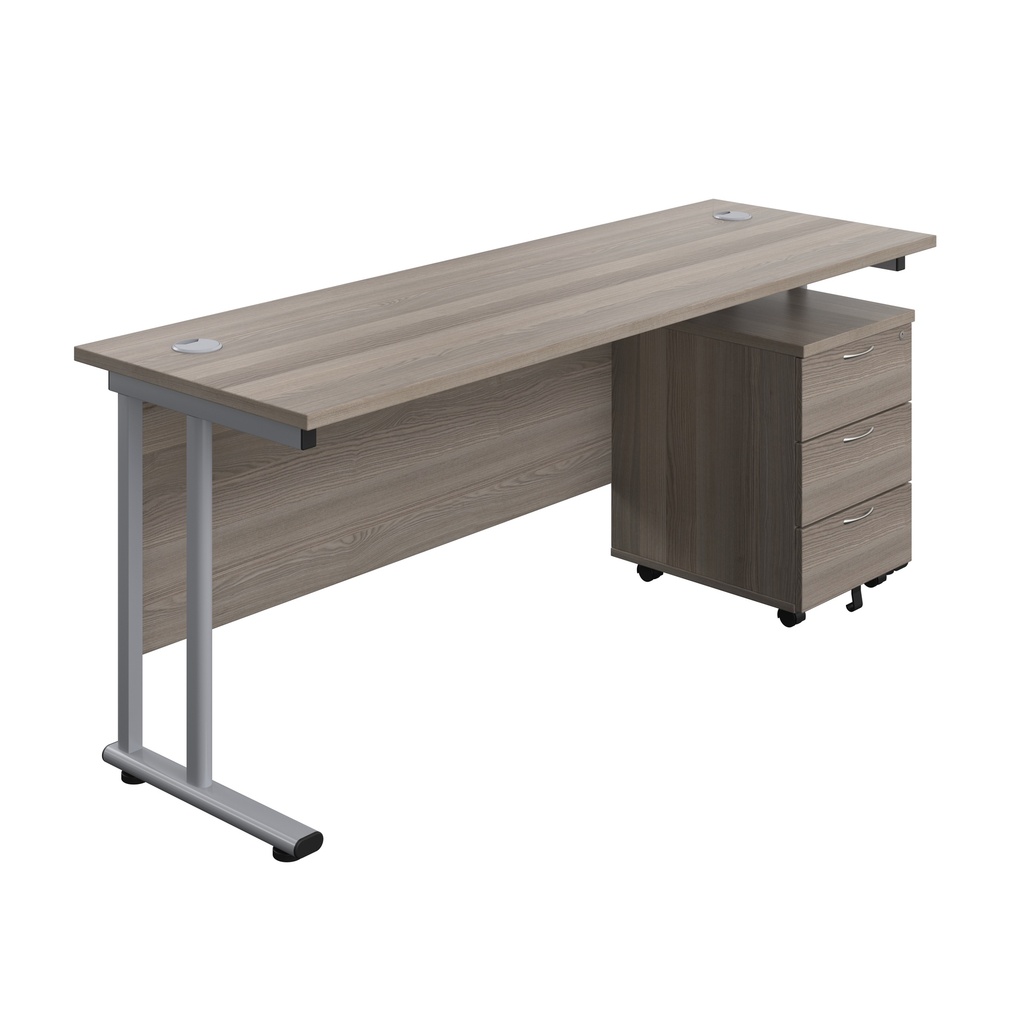 Twin Upright Rectangular Desk + Mobile 3 Drawer Pedestal (FSC) | 1800X600 | Grey Oak/Silver | 