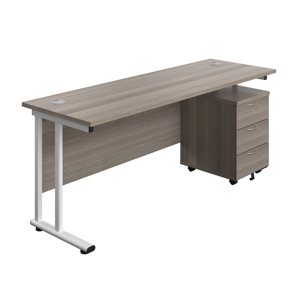 Twin Upright Rectangular Desk + Mobile 3 Drawer Pedestal (FSC) | 1800X600 | Grey Oak/White | 