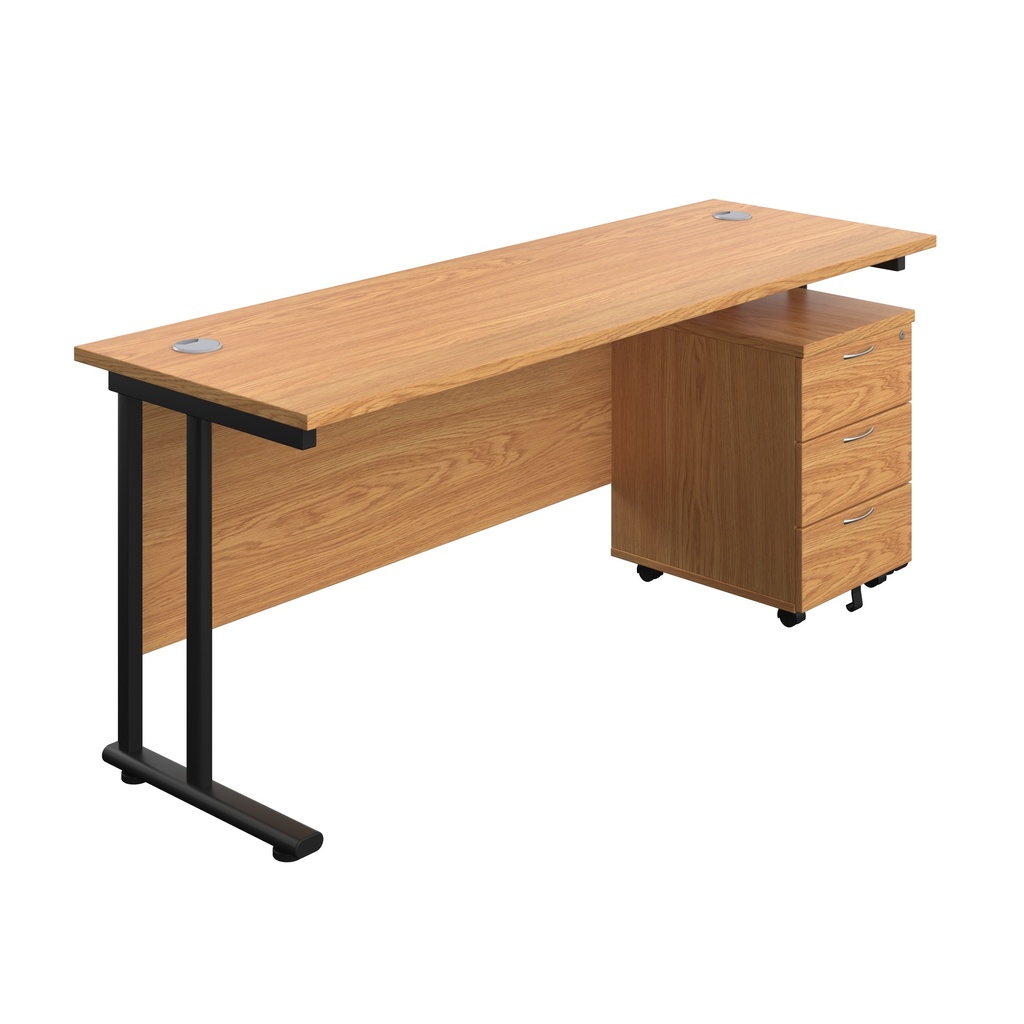 Twin Upright Rectangular Desk + Mobile 3 Drawer Pedestal (FSC) | 1800X600 | Nova Oak/Black | 