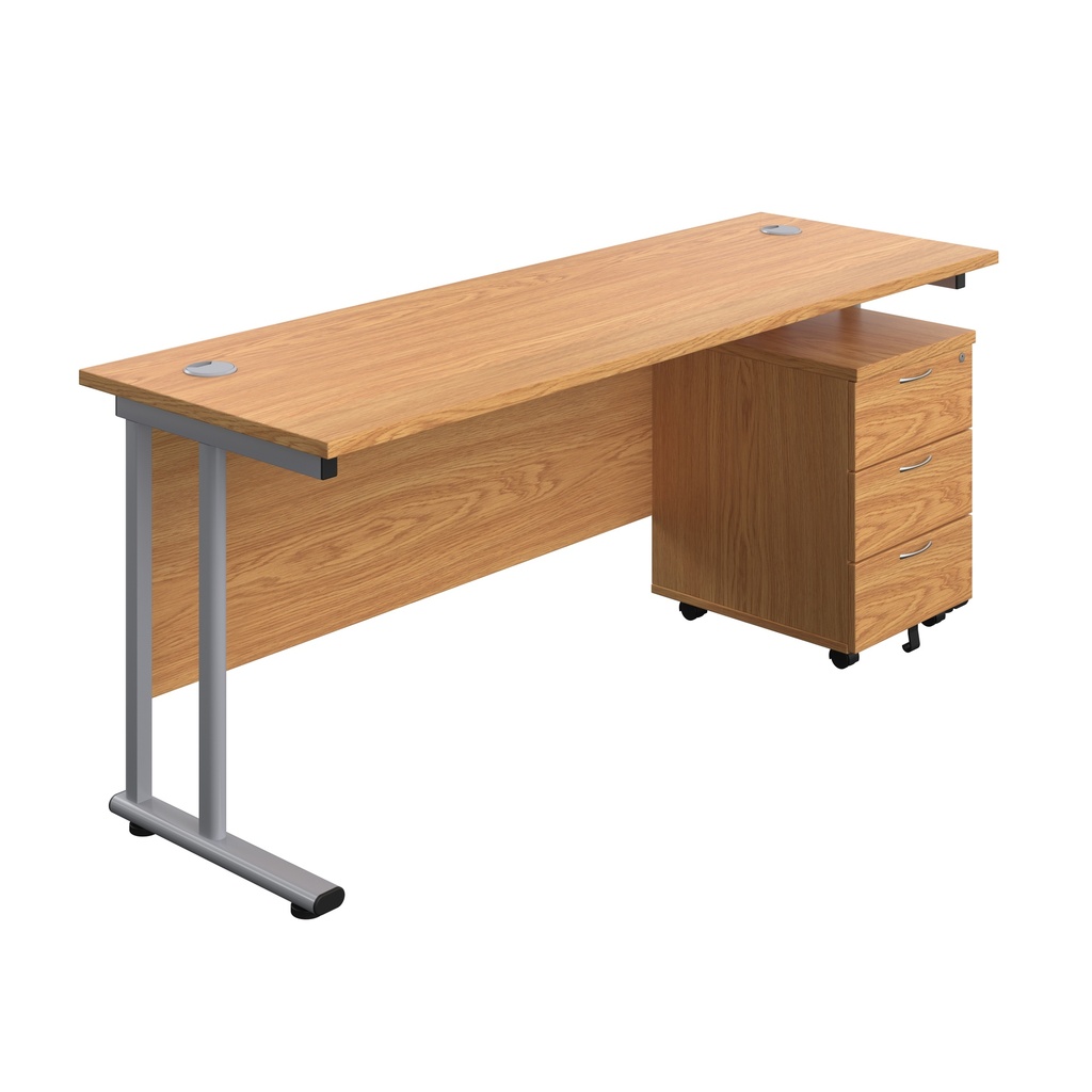 Twin Upright Rectangular Desk + Mobile 3 Drawer Pedestal (FSC) | 1800X600 | Nova Oak/Silver | 