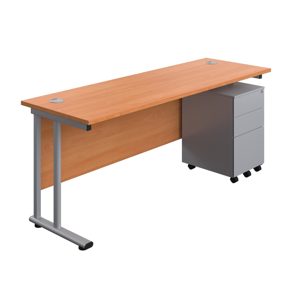 Twin Upright Rectangular Desk + Under Desk Steel Pedestal 3 Drawers (FSC) | 1800X600 | Beech/Silver | 