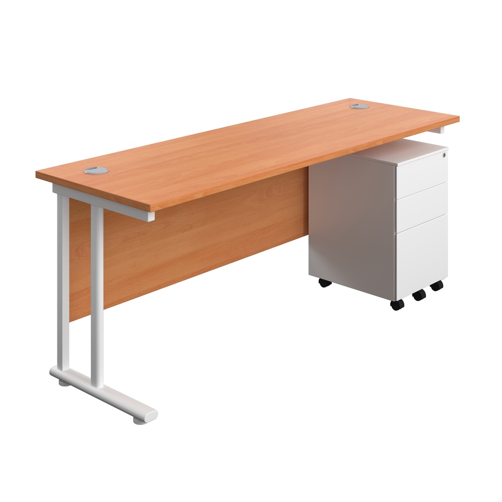 Twin Upright Rectangular Desk + Under Desk Steel Pedestal 3 Drawers (FSC) | 1800X600 | Beech/White | 