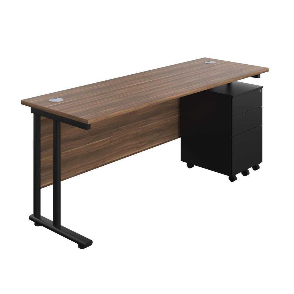 Twin Upright Rectangular Desk + Under Desk Steel Pedestal 3 Drawers (FSC) | 1800X600 | Dark Walnut/Black | 