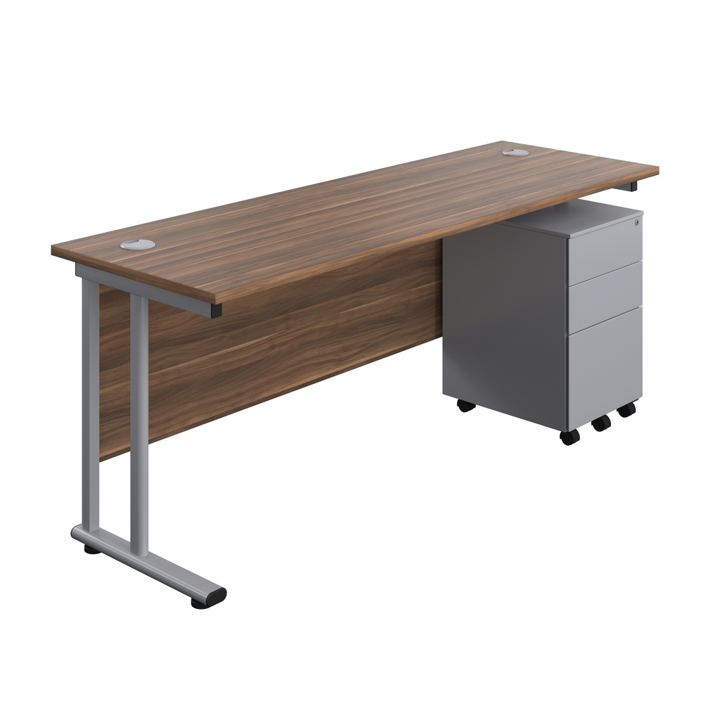 Twin Upright Rectangular Desk + Under Desk Steel Pedestal 3 Drawers (FSC) | 1800X600 | Dark Walnut/Silver | 