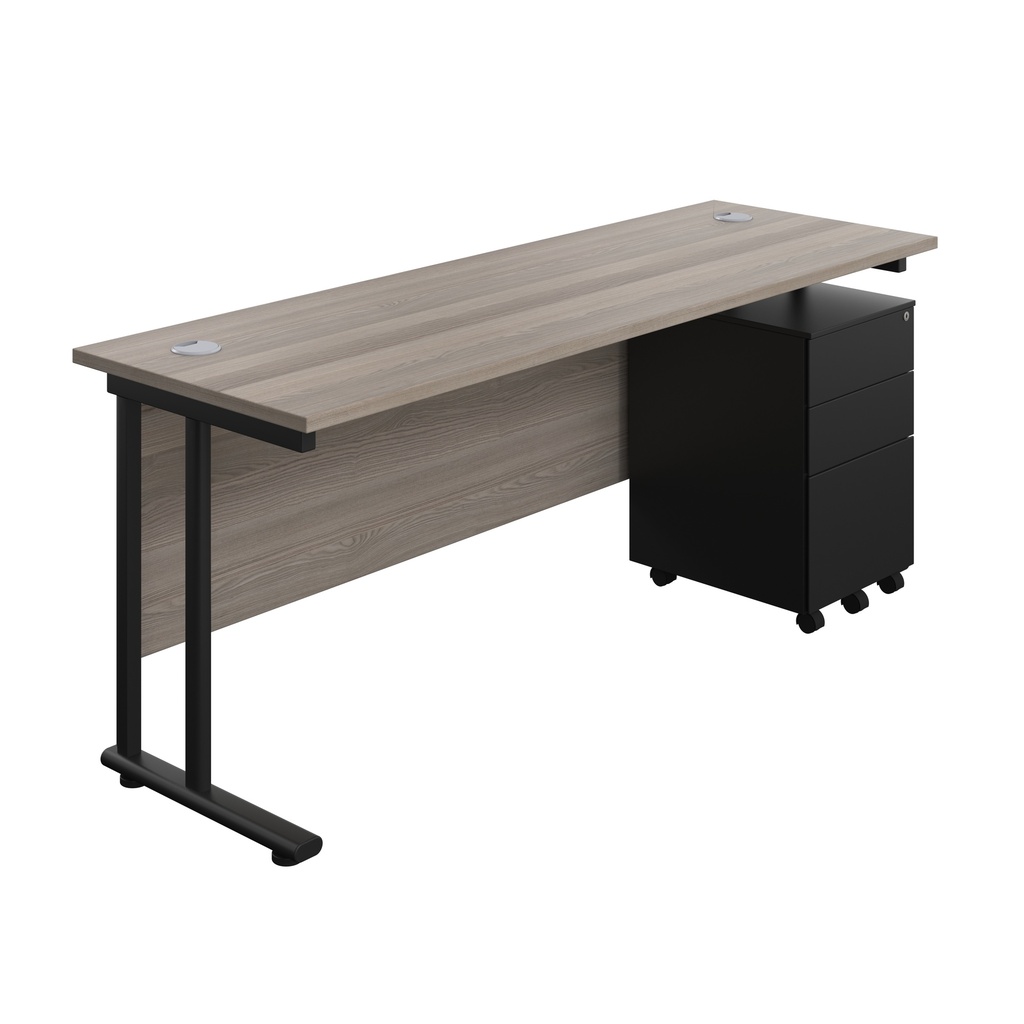 Twin Upright Rectangular Desk + Under Desk Steel Pedestal 3 Drawers (FSC) | 1800X600 | Grey Oak/Black | 