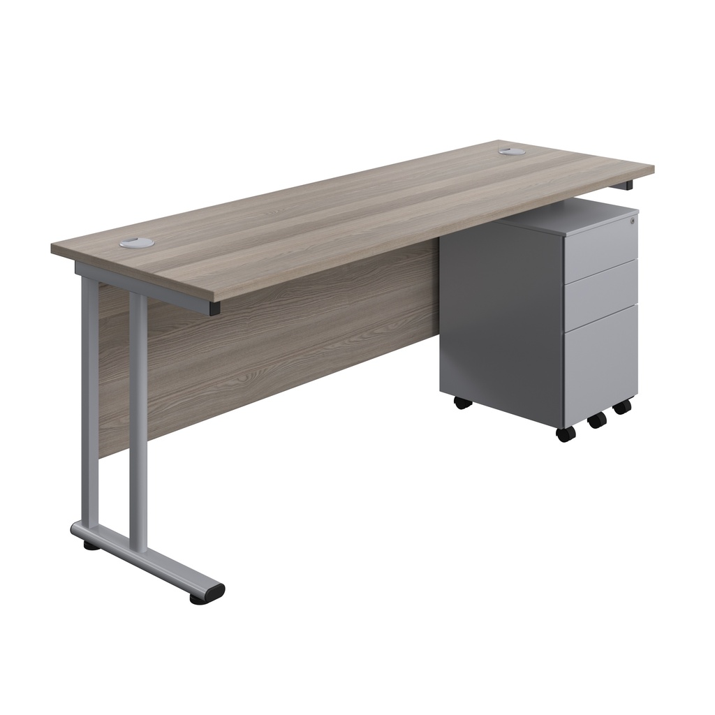 Twin Upright Rectangular Desk + Under Desk Steel Pedestal 3 Drawers (FSC) | 1800X600 | Grey Oak/Silver | 