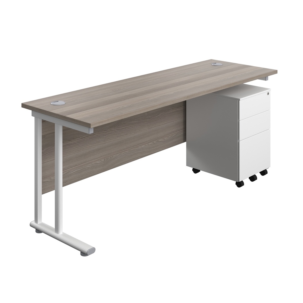 Twin Upright Rectangular Desk + Under Desk Steel Pedestal 3 Drawers (FSC) | 1800X600 | Grey Oak/White | 