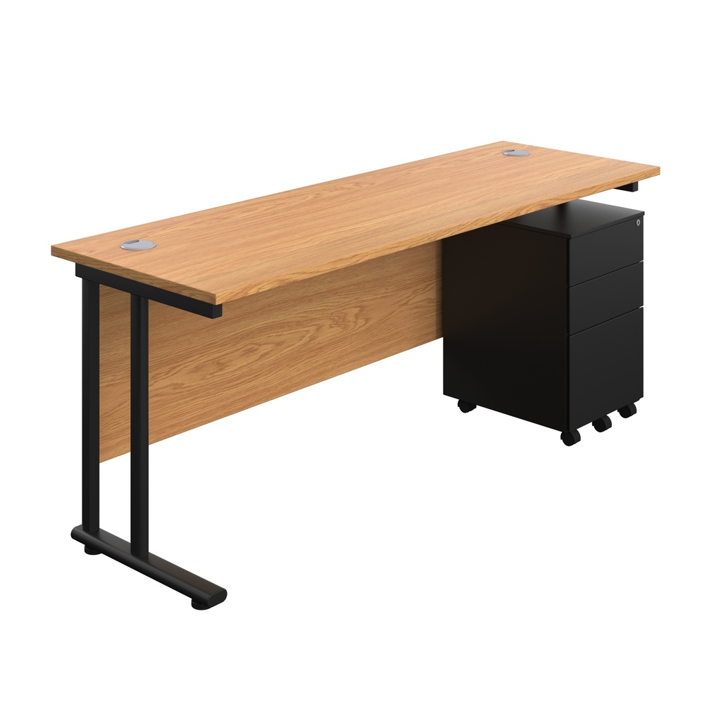 Twin Upright Rectangular Desk + Under Desk Steel Pedestal 3 Drawers (FSC) | 1800X600 | Nova Oak/Black | 