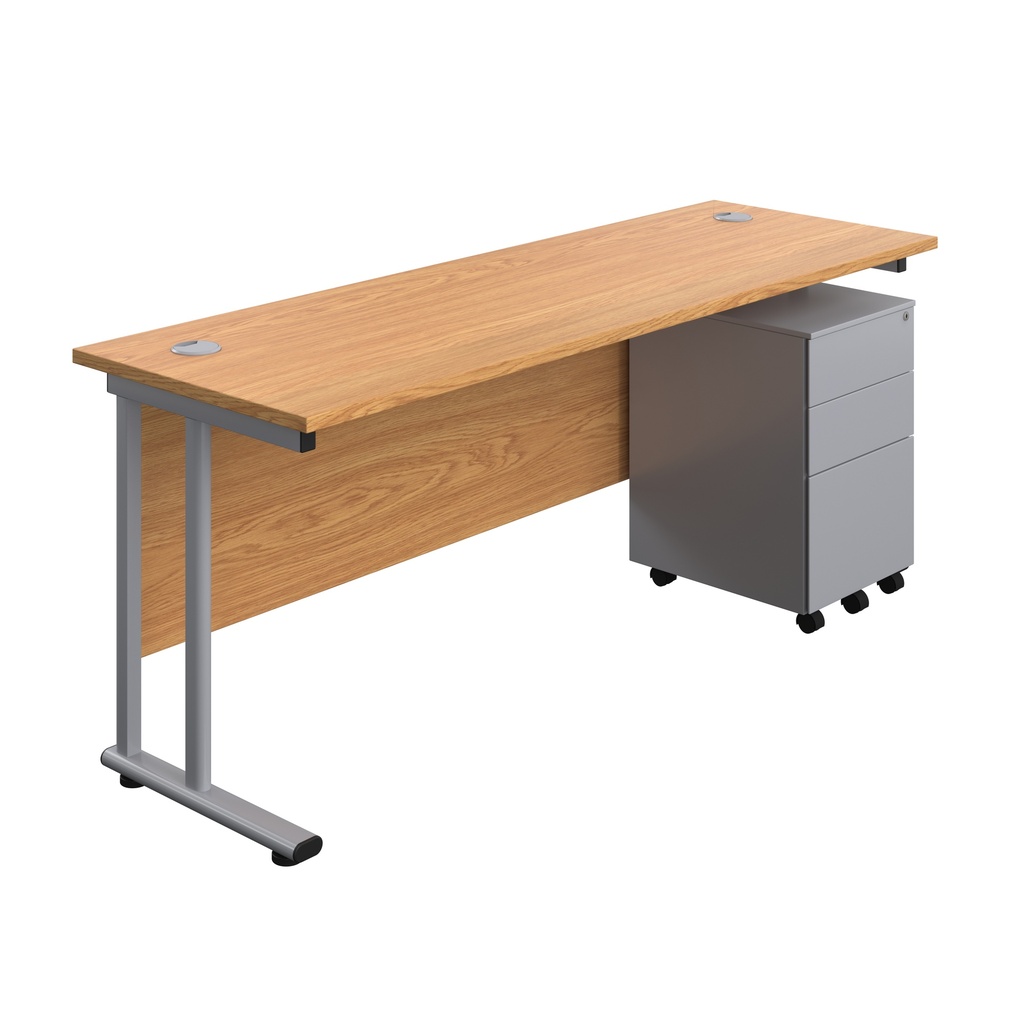Twin Upright Rectangular Desk + Under Desk Steel Pedestal 3 Drawers (FSC) | 1800X600 | Nova Oak/Silver | 