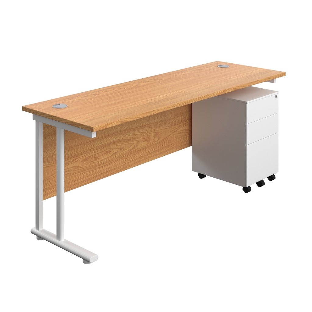 Twin Upright Rectangular Desk + Under Desk Steel Pedestal 3 Drawers (FSC) | 1800X600 | Nova Oak/White | 