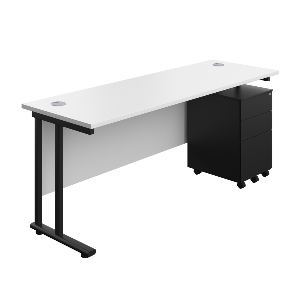 Twin Upright Rectangular Desk + Under Desk Steel Pedestal 3 Drawers (FSC) | 1800X600 | White/Black | 