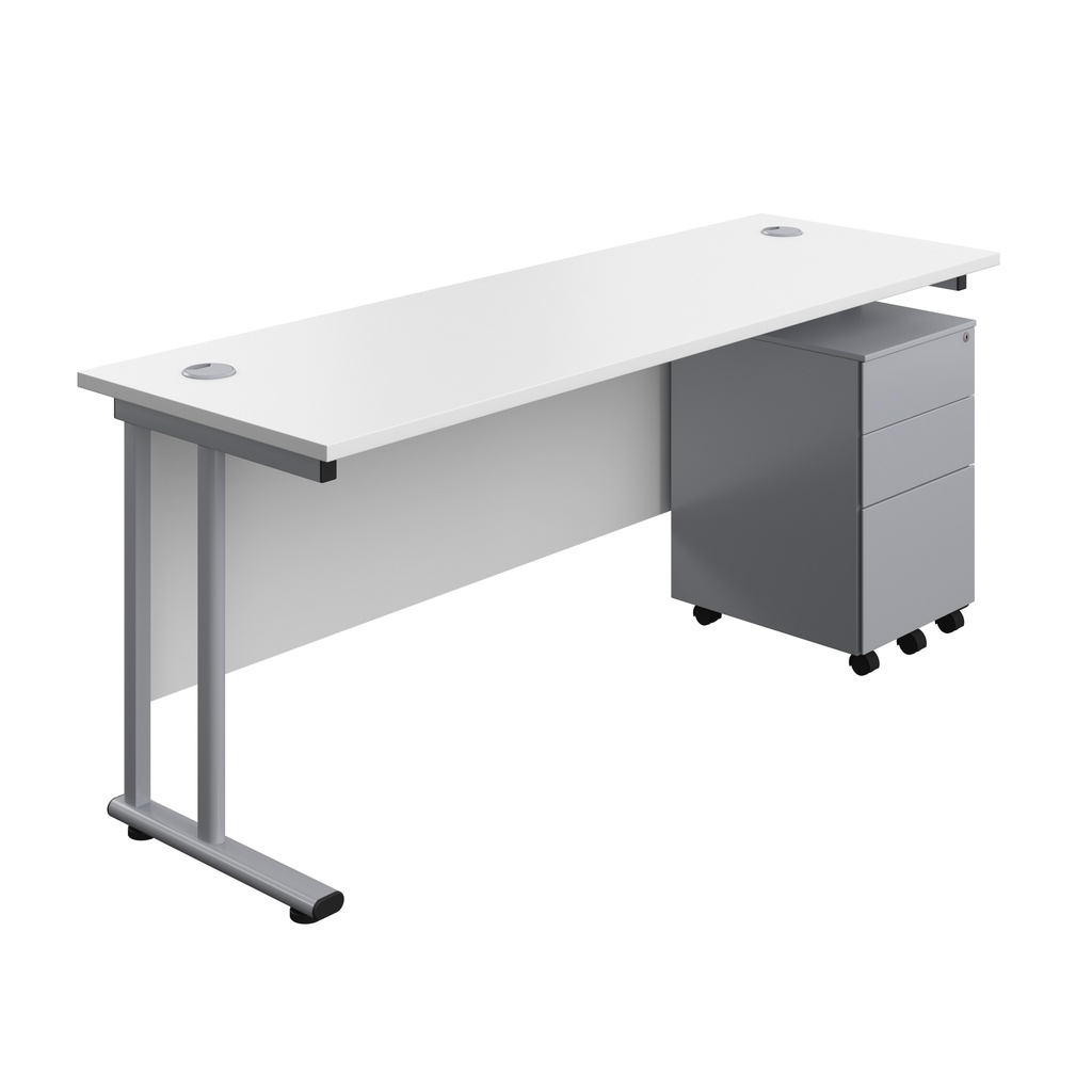 Twin Upright Rectangular Desk + Under Desk Steel Pedestal 3 Drawers (FSC) | 1800X600 | White/Silver | 