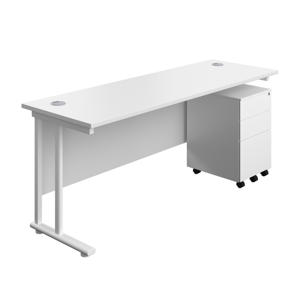 Twin Upright Rectangular Desk + Under Desk Steel Pedestal 3 Drawers (FSC) | 1800X600 | White/White | 