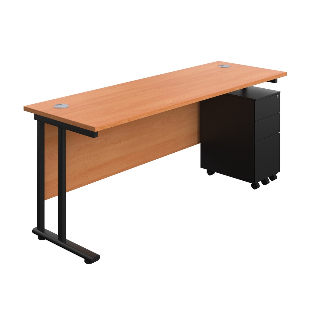 Twin Upright Rectangular Desk + Slimline Steel Pedestal 3 Drawers (FSC) | 1800X600 | Beech/Black | 