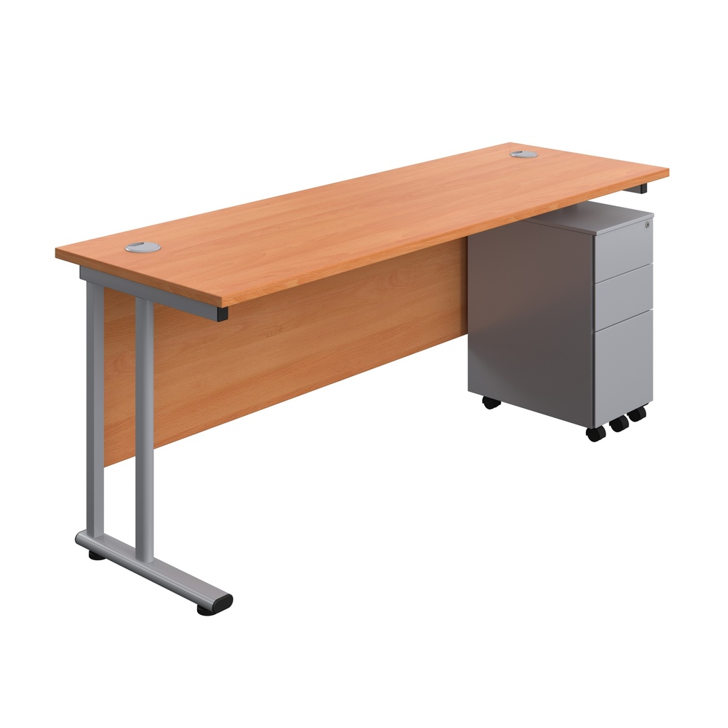 Twin Upright Rectangular Desk + Slimline Steel Pedestal 3 Drawers (FSC) | 1800X600 | Beech/Silver | 