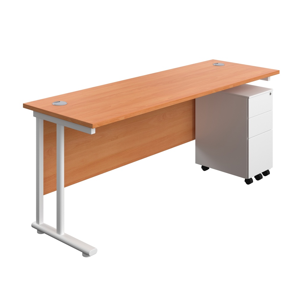 Twin Upright Rectangular Desk + Slimline Steel Pedestal 3 Drawers (FSC) | 1800X600 | Beech/White | 