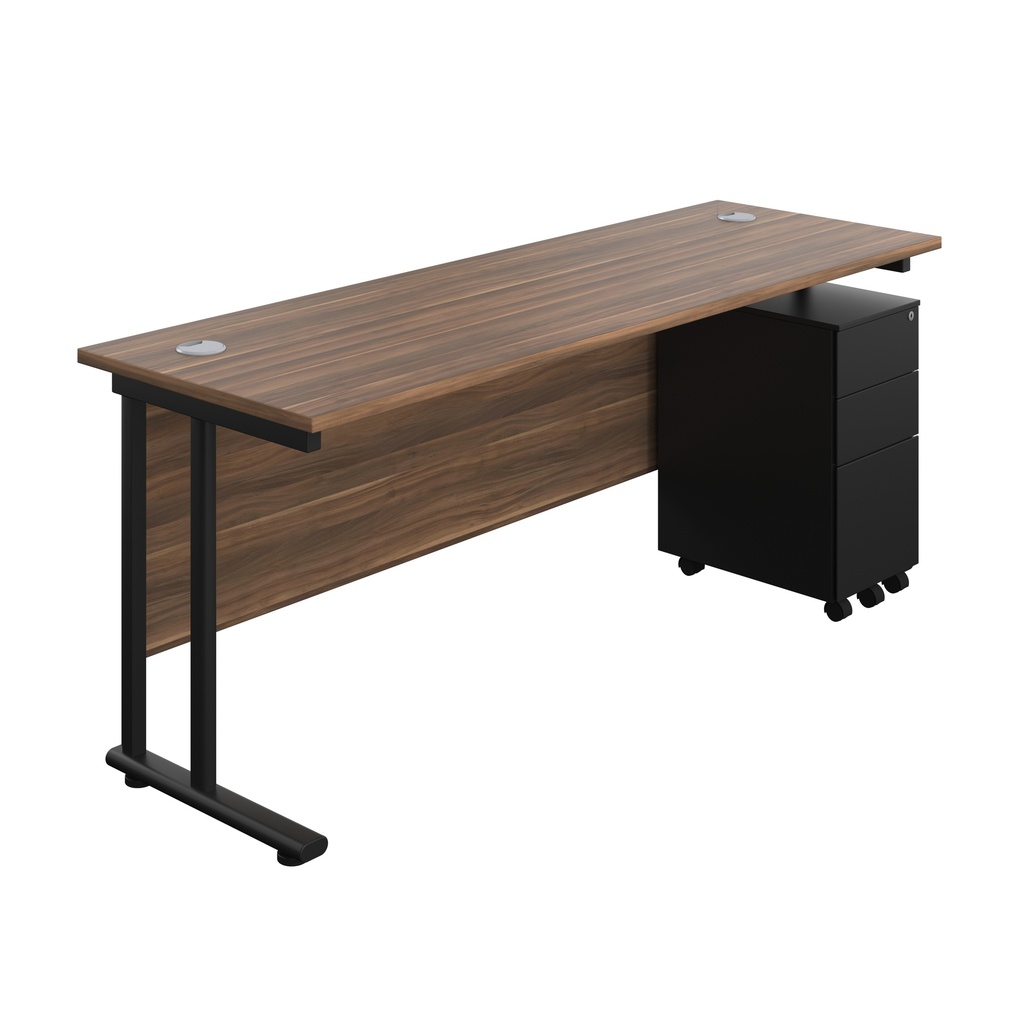Twin Upright Rectangular Desk + Slimline Steel Pedestal 3 Drawers (FSC) | 1800X600 | Dark Walnut/Black | 