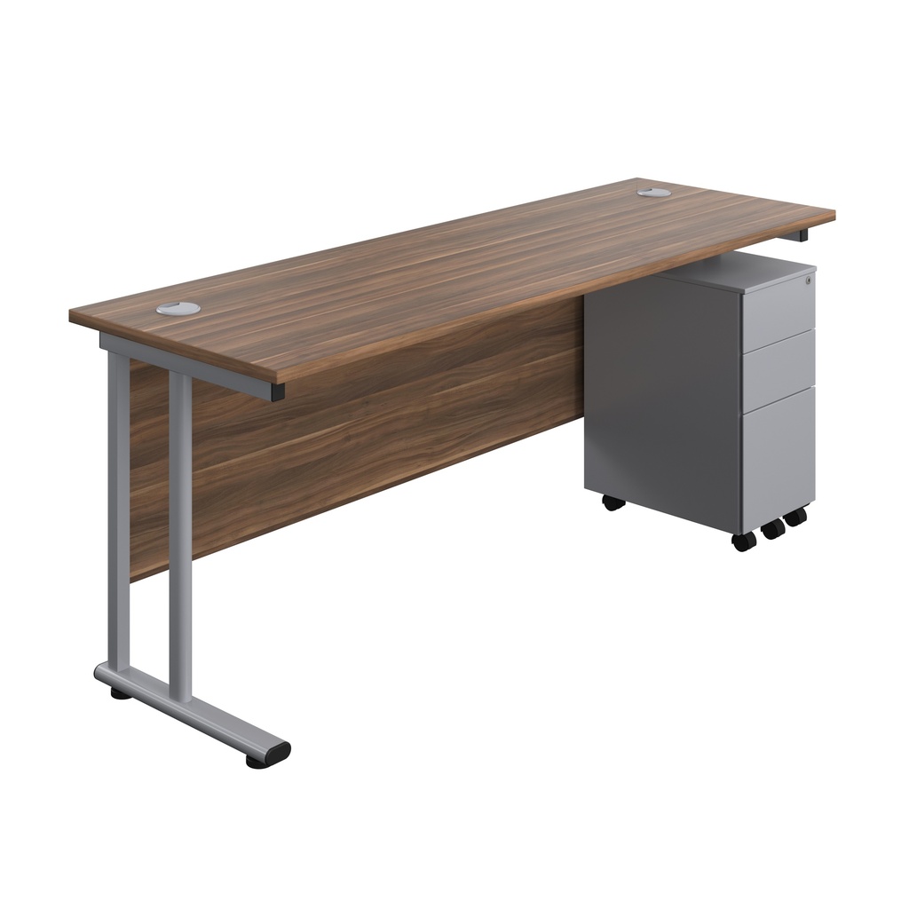 Twin Upright Rectangular Desk + Slimline Steel Pedestal 3 Drawers (FSC) | 1800X600 | Dark Walnut/Silver | 