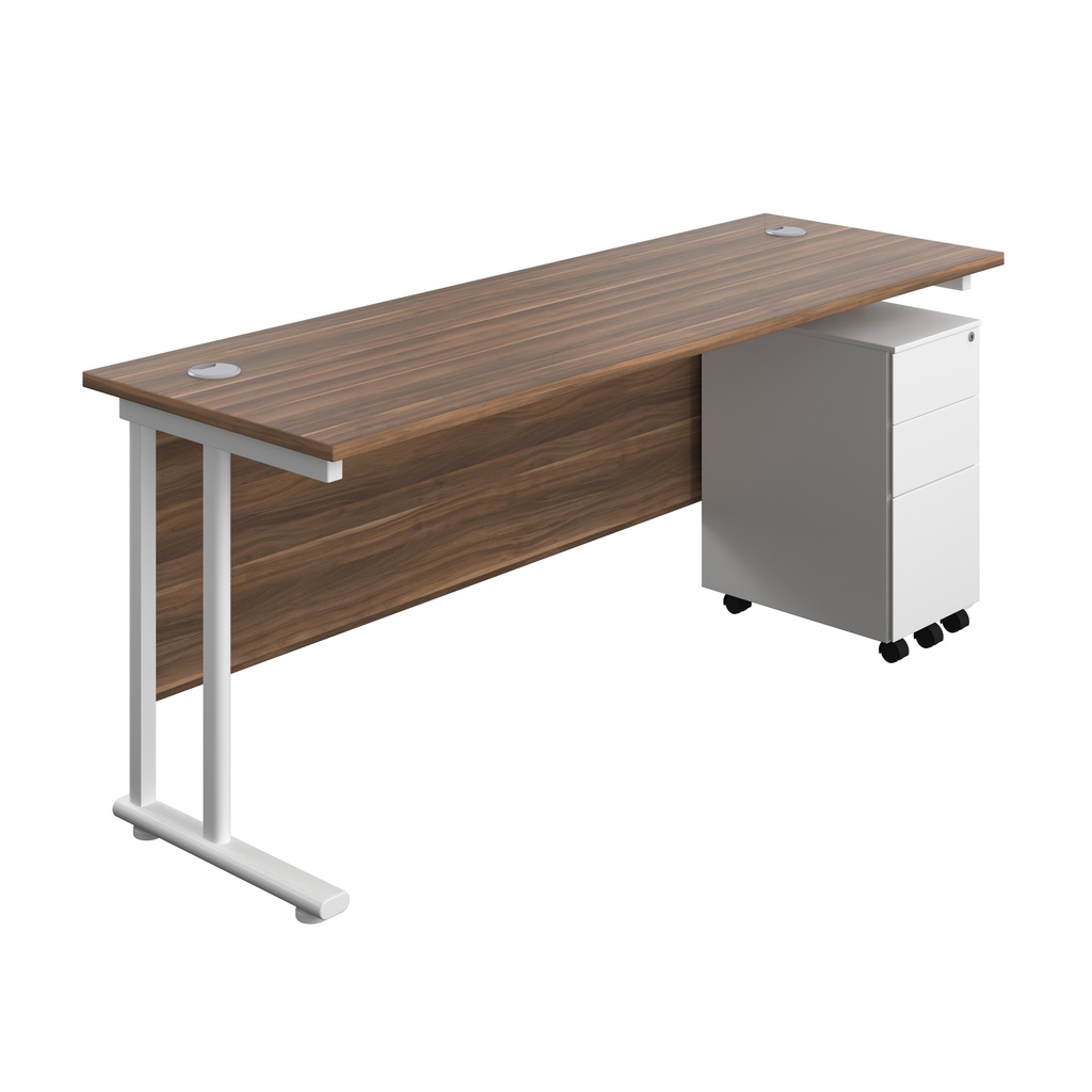 Twin Upright Rectangular Desk + Slimline Steel Pedestal 3 Drawers (FSC) | 1800X600 | Dark Walnut/White | 