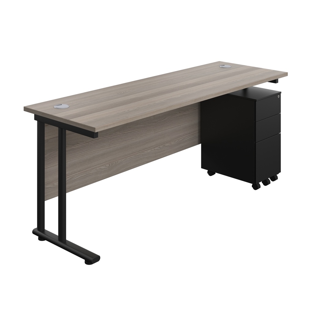 Twin Upright Rectangular Desk + Slimline Steel Pedestal 3 Drawers (FSC) | 1800X600 | Grey Oak/Black | 