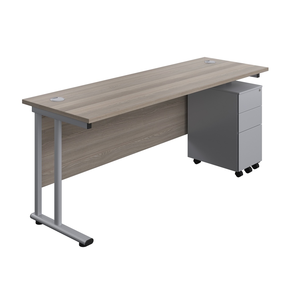 Twin Upright Rectangular Desk + Slimline Steel Pedestal 3 Drawers (FSC) | 1800X600 | Grey Oak/Silver | 
