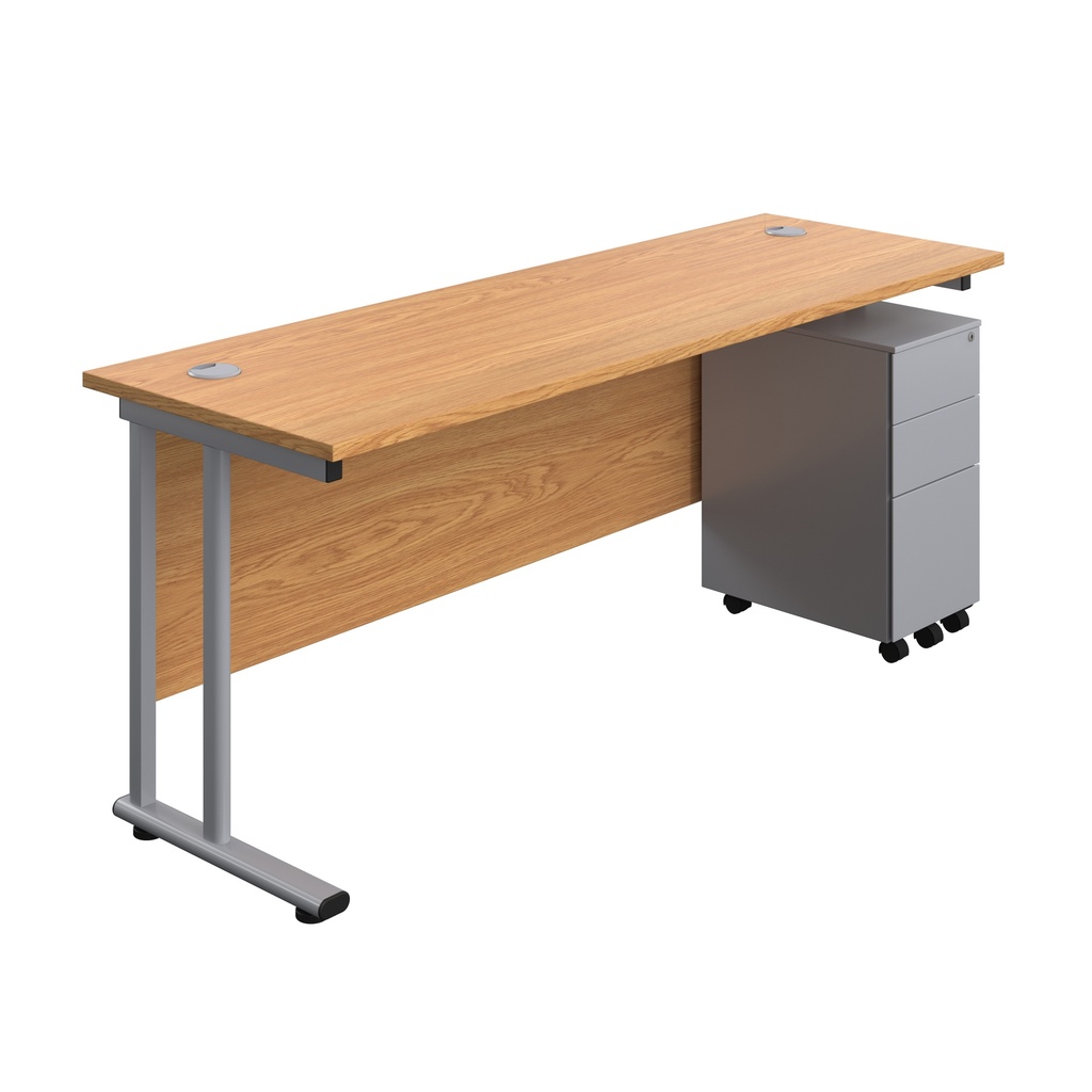 Twin Upright Rectangular Desk + Slimline Steel Pedestal 3 Drawers (FSC) | 1800X600 | Nova Oak/Silver | 
