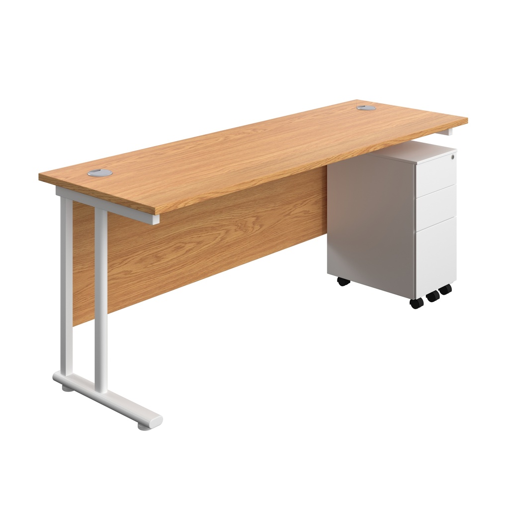 Twin Upright Rectangular Desk + Slimline Steel Pedestal 3 Drawers (FSC) | 1800X600 | Nova Oak/White | 