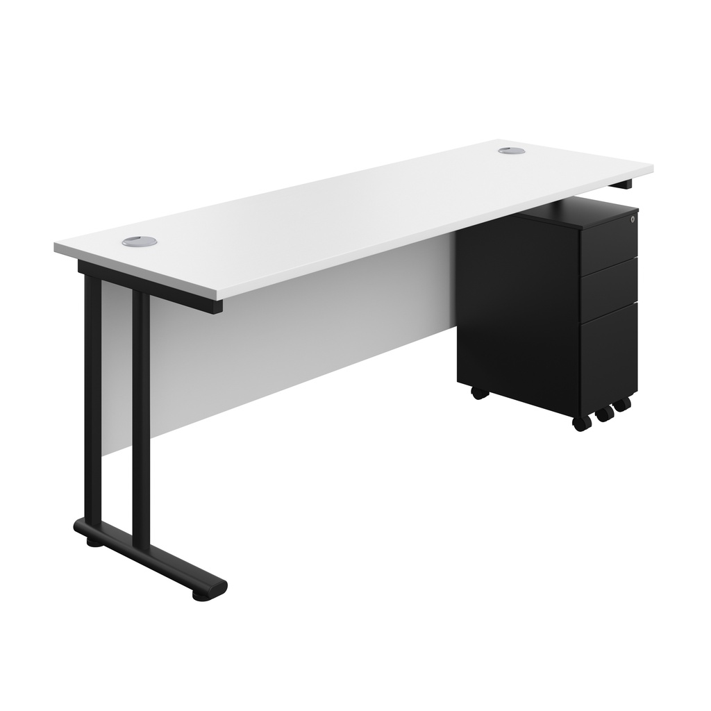 Twin Upright Rectangular Desk + Slimline Steel Pedestal 3 Drawers (FSC) | 1800X600 | White/Black | 