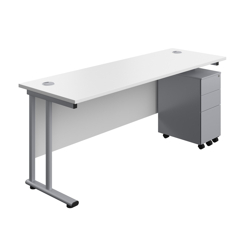Twin Upright Rectangular Desk + Slimline Steel Pedestal 3 Drawers (FSC) | 1800X600 | White/Silver | 