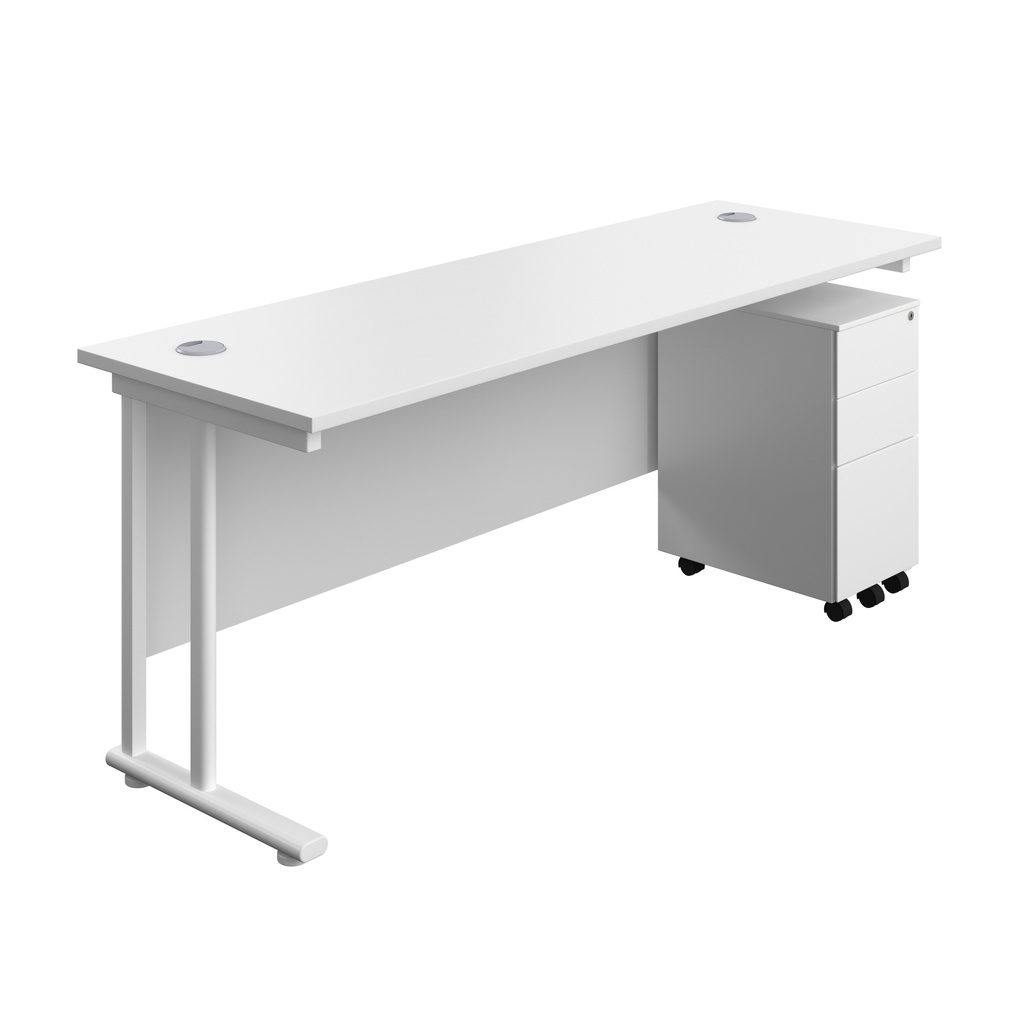 Twin Upright Rectangular Desk + Slimline Steel Pedestal 3 Drawers (FSC) | 1800X600 | White/White | 