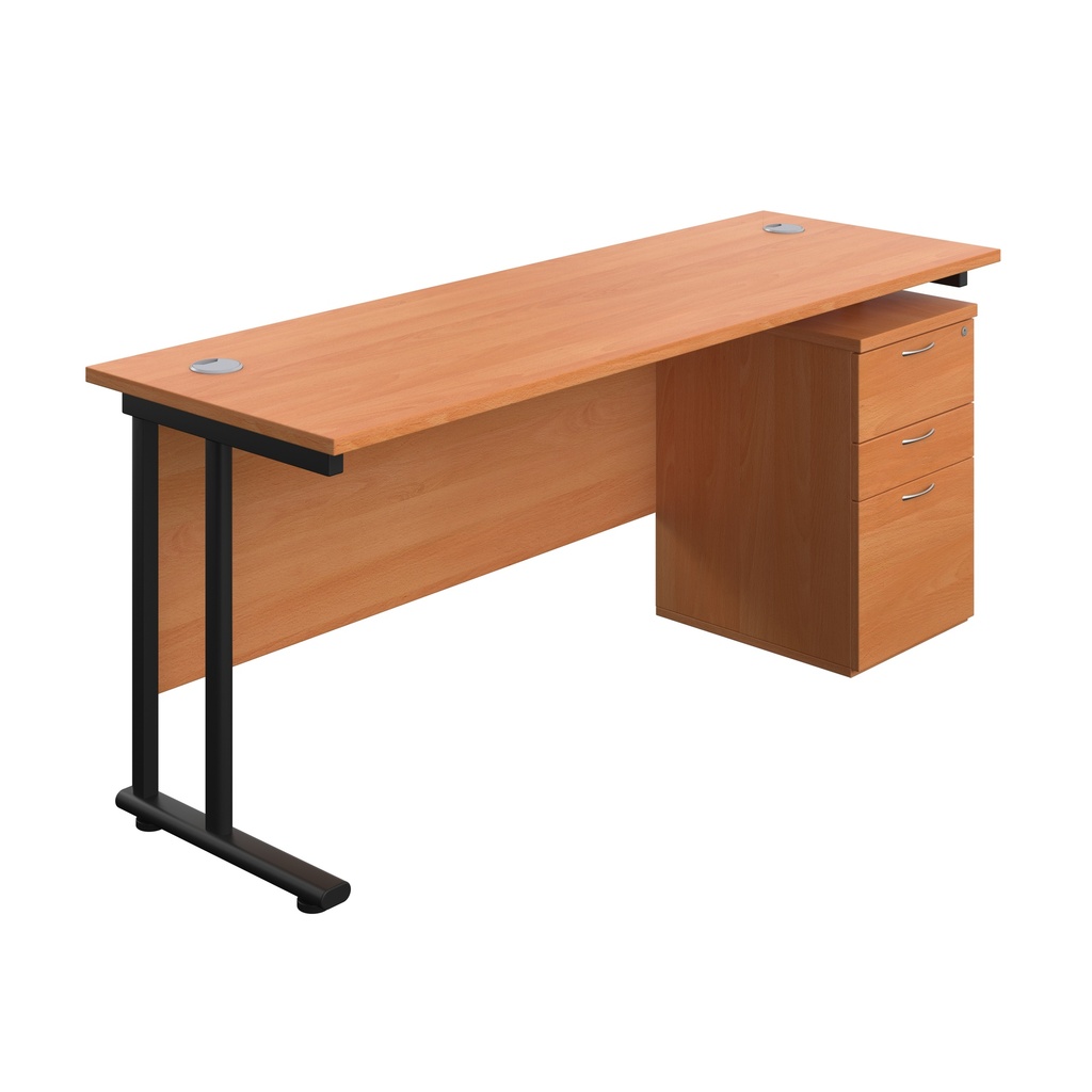 Twin Upright Rectangular Desk + High Mobile Pedestal 3 Drawer (FSC) | 1800X600 | Beech/Black | 
