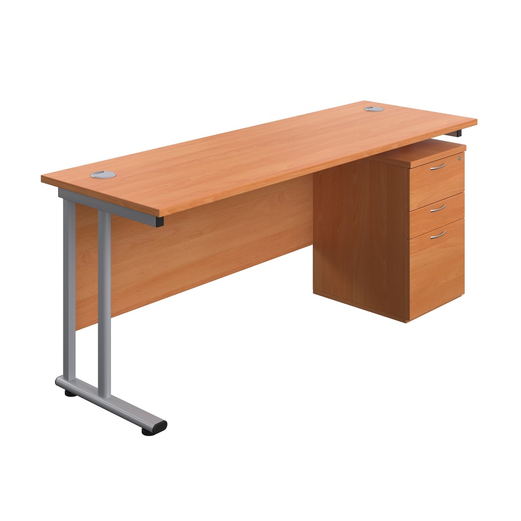 Twin Upright Rectangular Desk + High Mobile Pedestal 3 Drawer (FSC) | 1800X600 | Beech/Silver | 