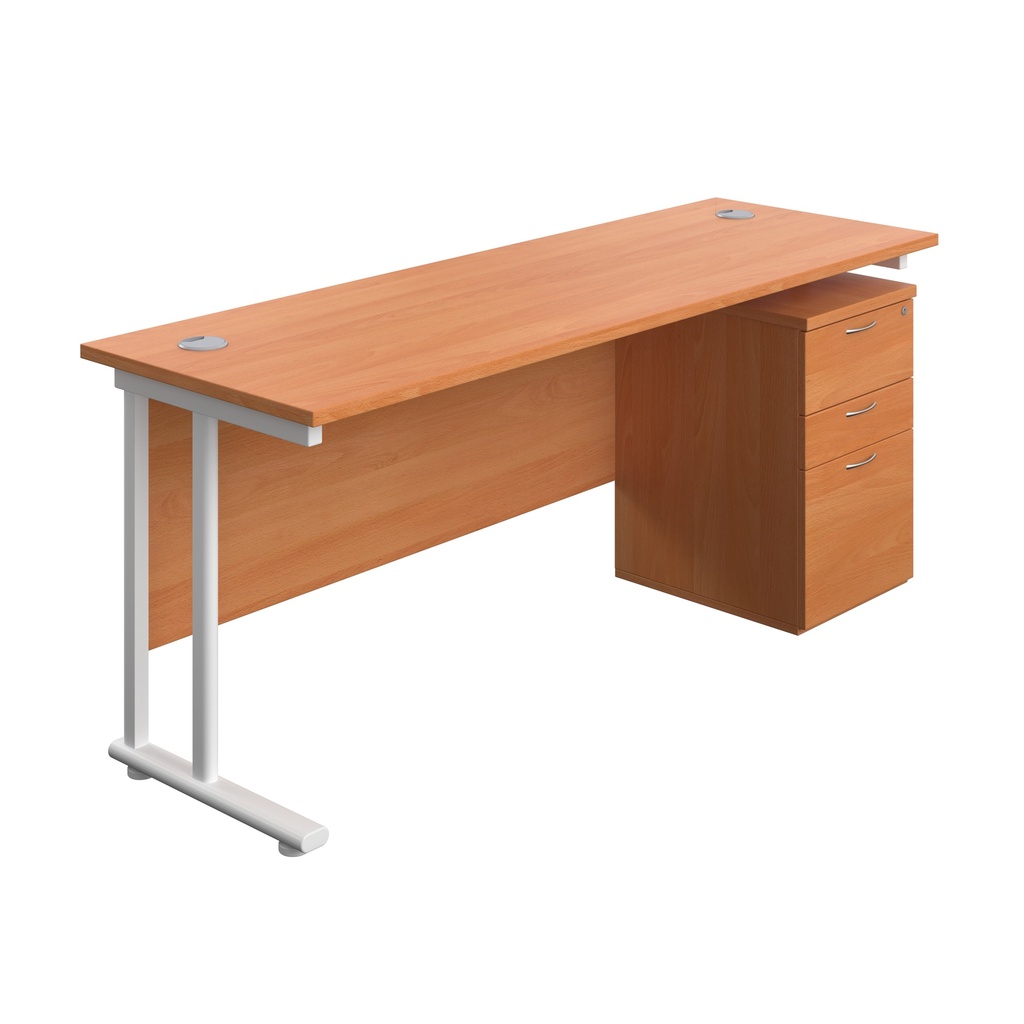 Twin Upright Rectangular Desk + High Mobile Pedestal 3 Drawer (FSC) | 1800X600 | Beech/White | 
