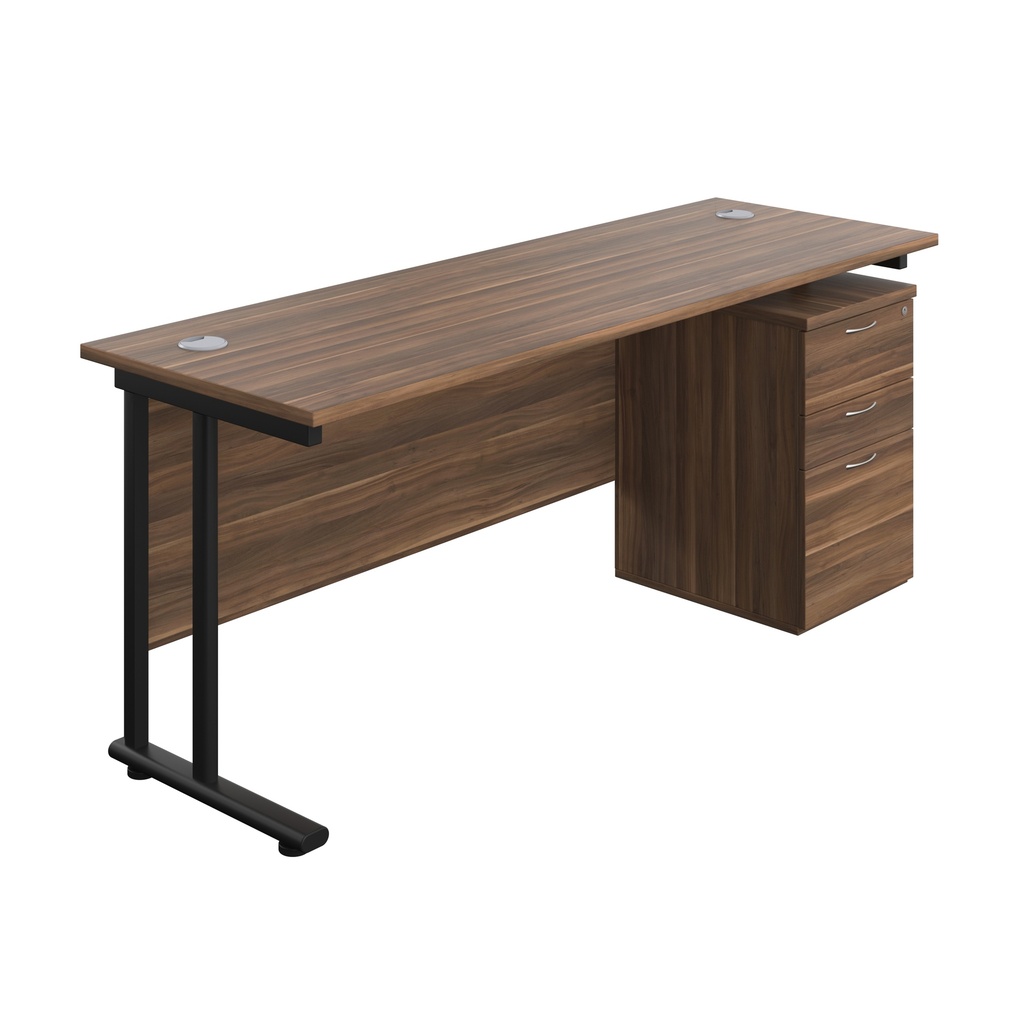 Twin Upright Rectangular Desk + High Mobile Pedestal 3 Drawer (FSC) | 1800X600 | Dark Walnut/Black | 