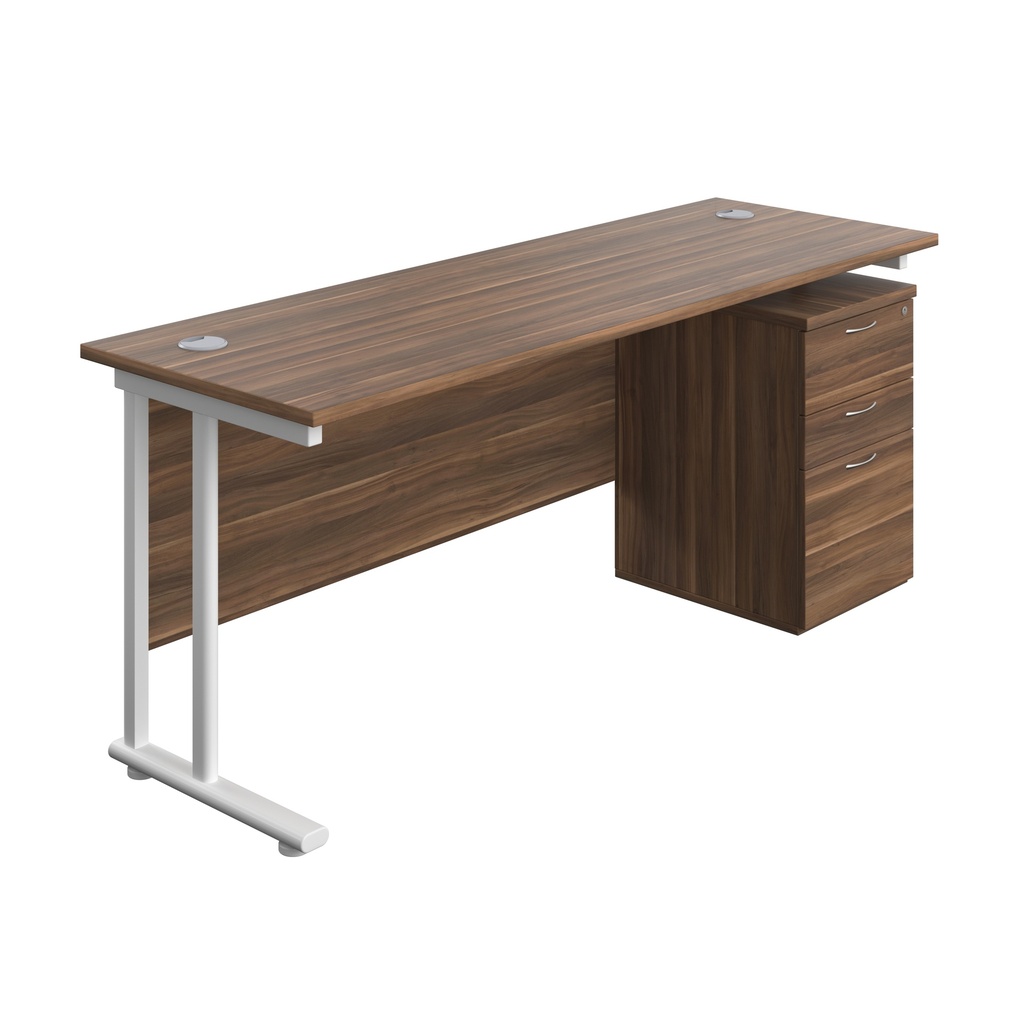 Twin Upright Rectangular Desk + High Mobile Pedestal 3 Drawer (FSC) | 1800X600 | Dark Walnut/White | 
