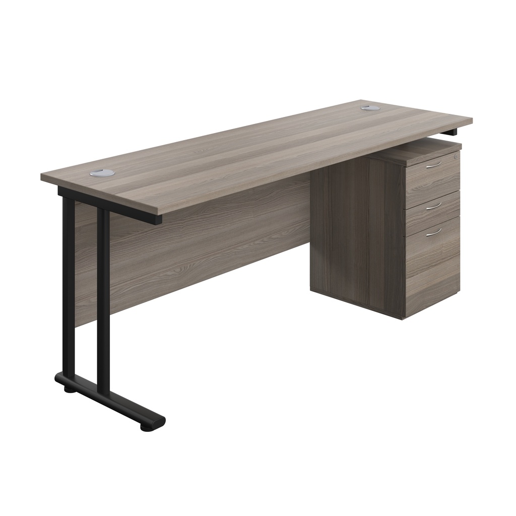 Twin Upright Rectangular Desk + High Mobile Pedestal 3 Drawer (FSC) | 1800X600 | Grey Oak/Black | 