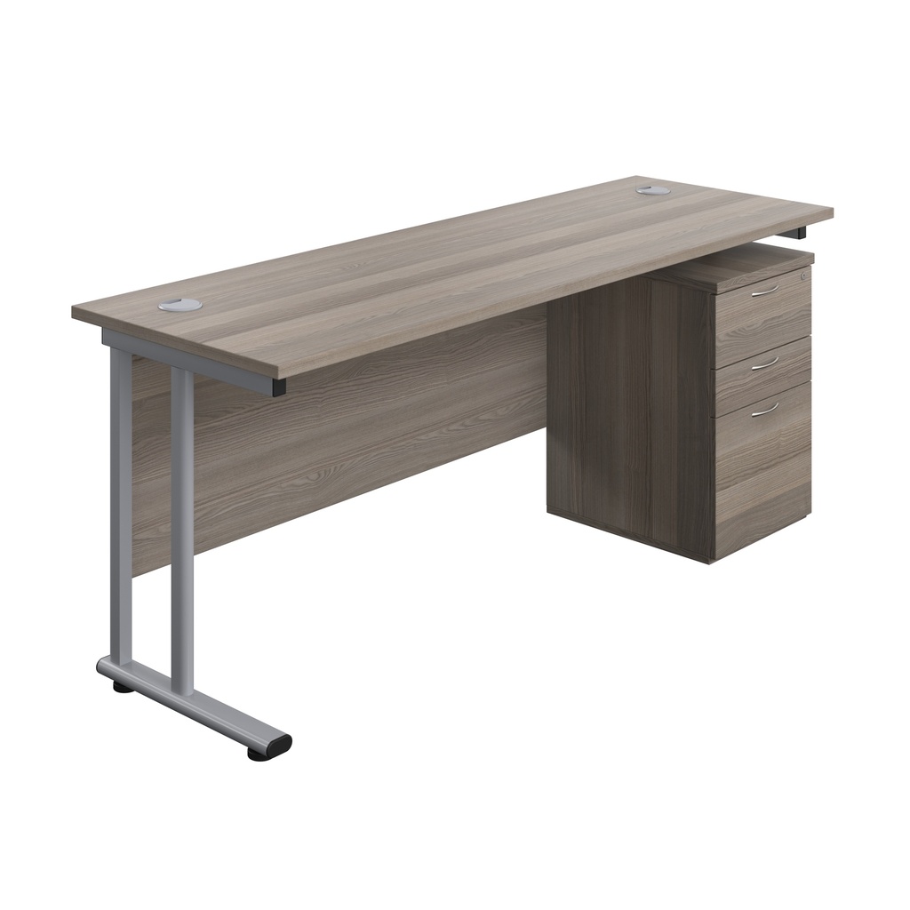 Twin Upright Rectangular Desk + High Mobile Pedestal 3 Drawer (FSC) | 1800X600 | Grey Oak/Silver | 