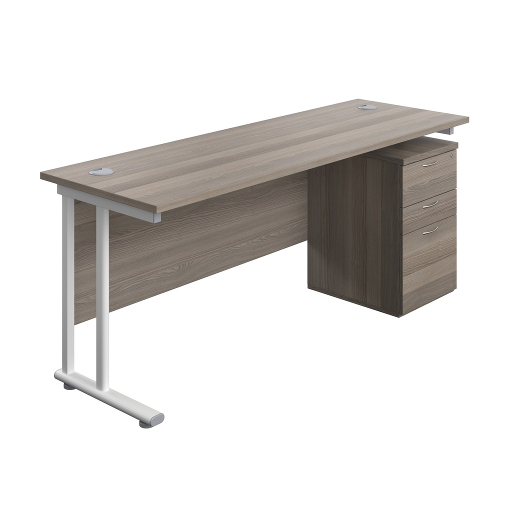 Twin Upright Rectangular Desk + High Mobile Pedestal 3 Drawer (FSC) | 1800X600 | Grey Oak/White | 