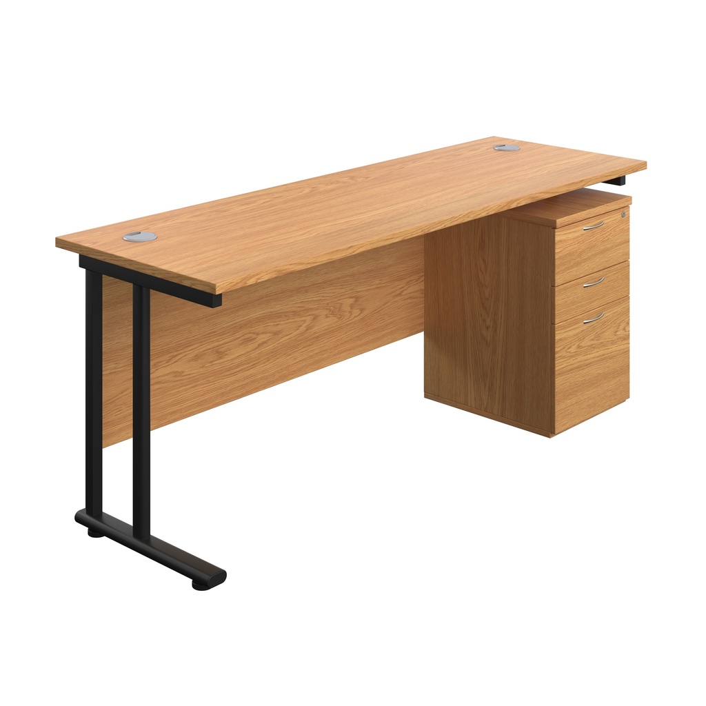 Twin Upright Rectangular Desk + High Mobile Pedestal 3 Drawer (FSC) | 1800X600 | Nova Oak/Black | 