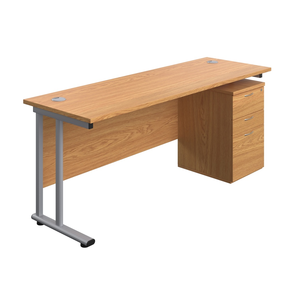 Twin Upright Rectangular Desk + High Mobile Pedestal 3 Drawer (FSC) | 1800X600 | Nova Oak/Silver | 