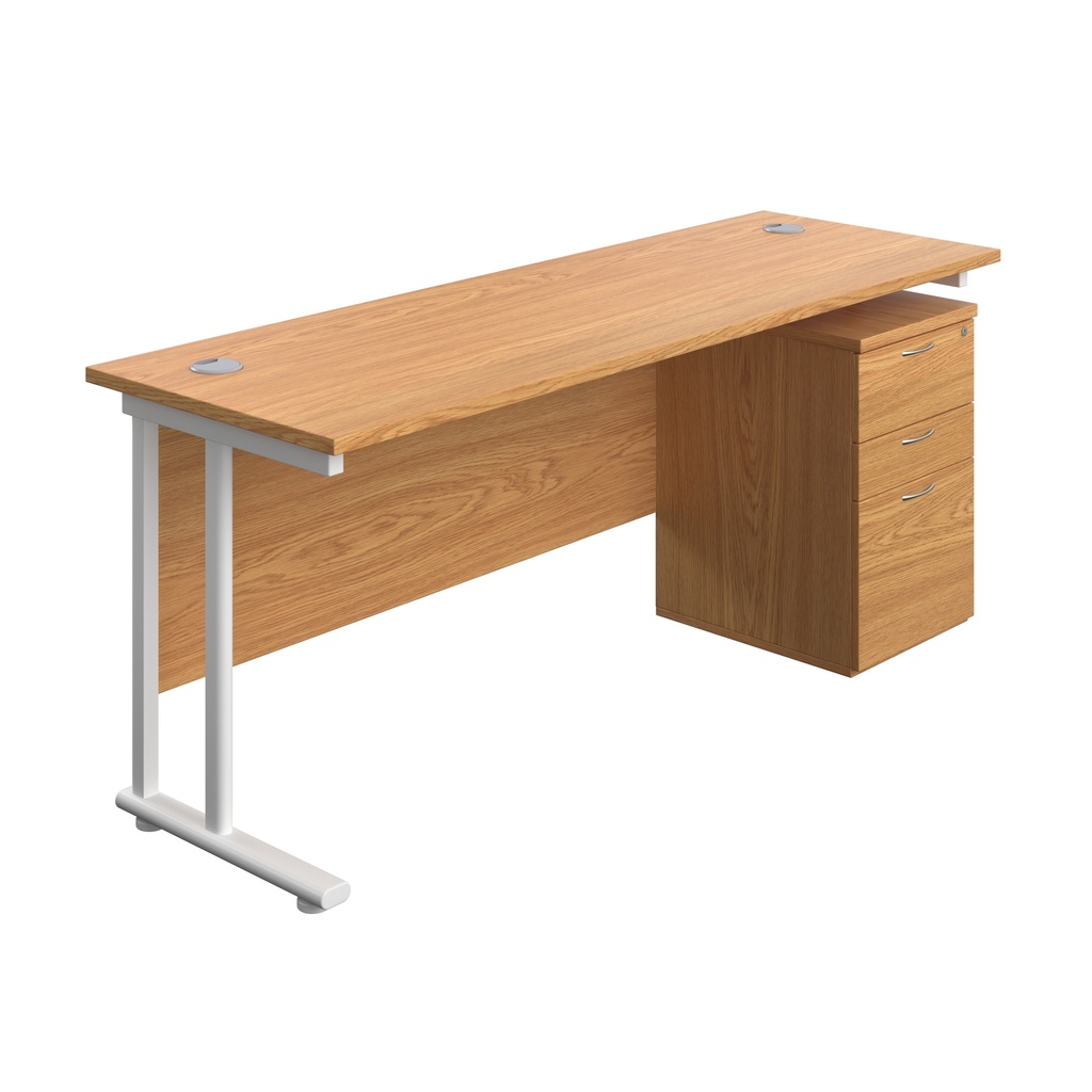 Twin Upright Rectangular Desk + High Mobile Pedestal 3 Drawer (FSC) | 1800X600 | Nova Oak/White | 