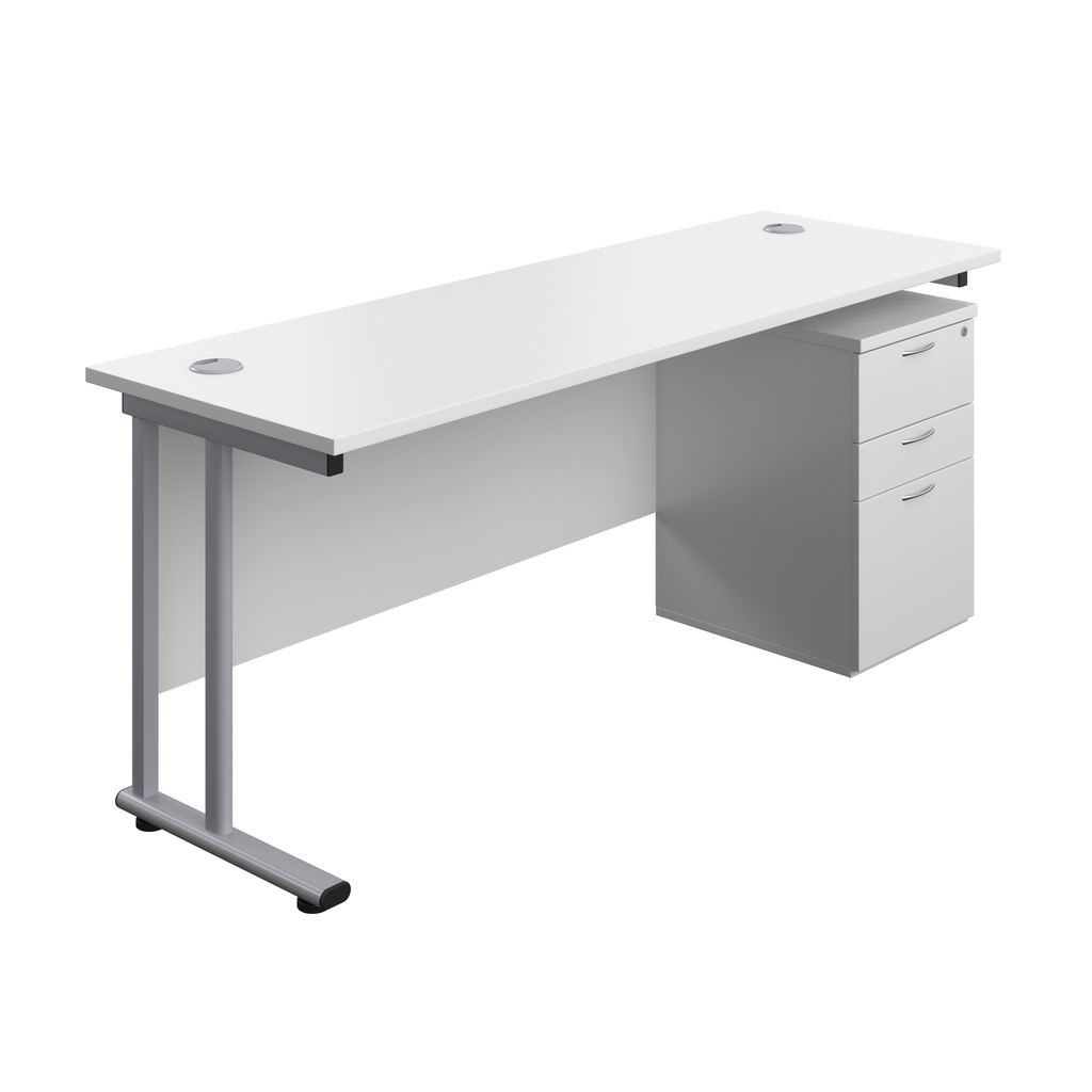 Twin Upright Rectangular Desk + High Mobile Pedestal 3 Drawer (FSC) | 1800X600 | White/Silver | 