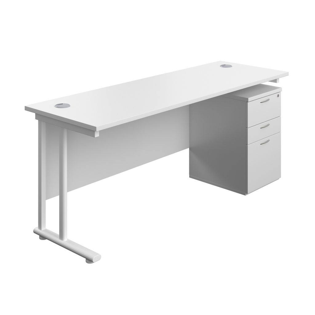Twin Upright Rectangular Desk + High Mobile Pedestal 3 Drawer (FSC) | 1800X600 | White/White | 