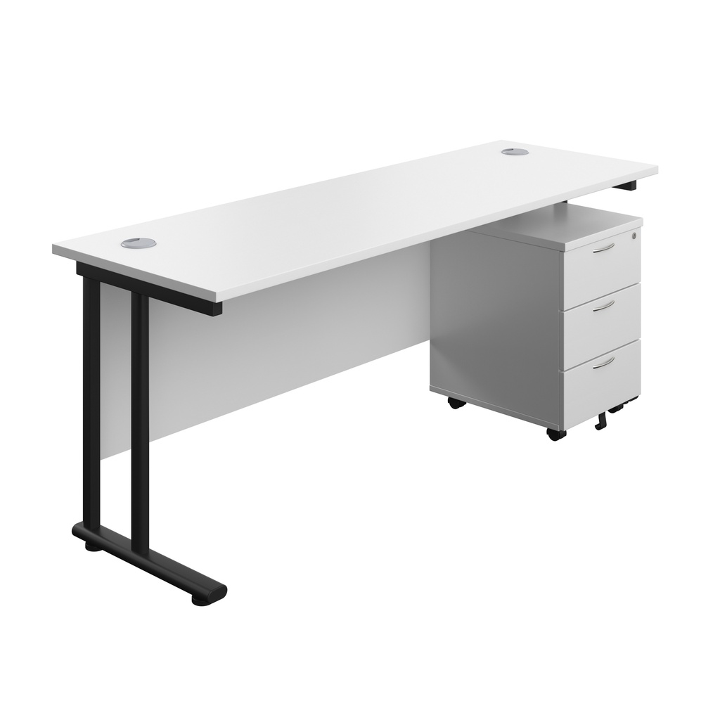 Twin Upright Rectangular Desk + Mobile 3 Drawer Pedestal (FSC) | 1800X600 | White/Black | 