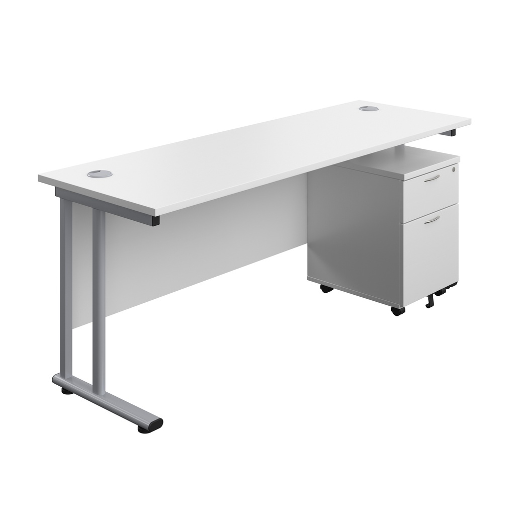Twin Upright Rectangular Desk + Mobile 2 Drawer Pedestal (FSC) | 1800X600 | White/Silver | 
